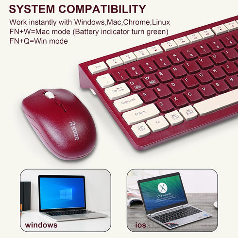 Wireless Keyboard and Mouse Combo, 2.4G Full-Sized Keyboard and Mouse, Dual-System for Computer/Laptop (Wine Red)