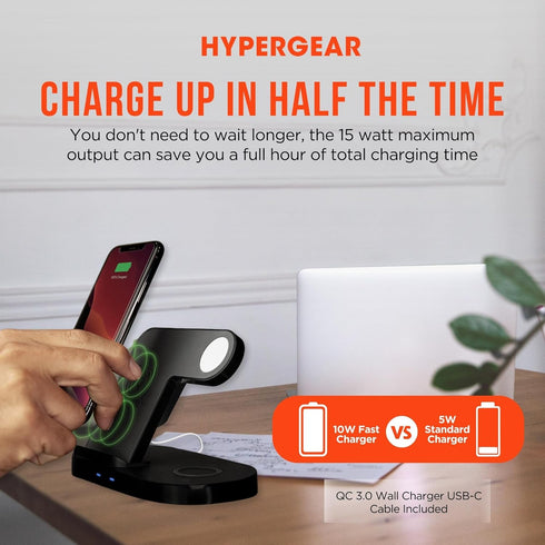 HyperGear 3 in 1 Wireless Charging Station - 10W Fast Wireless Charger Stand, Pad & Watch Mount for iPhone, Android,