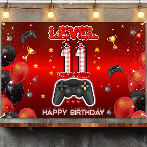Level 11 Unlocked Backdrop Banner Decorations - Video Game Happy 11th Birthday for Boys Kids, Red and Black Level Up