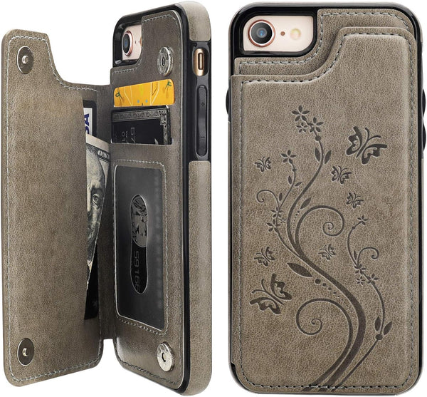 Vaburs Wallet Case for iPhone SE(2022) 5G/SE(2020)/7/8 with Card Holder, Embossed Butterfly PU Leather Double Magnetic
