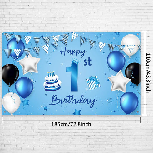 Happy 1st Birthday Backdrop Banner, Blue Newborn Boys First Birthday Photography Background for Baby Shower Party 72.8