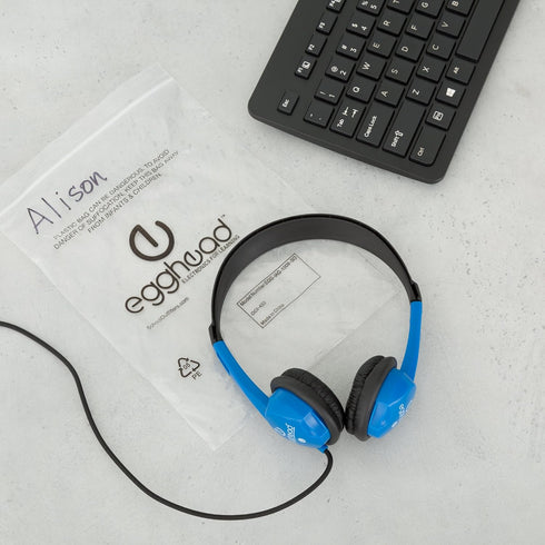 Egghead Blue Heavy-Duty Kids' Stereo Headphones, Adjustable, Tangle-Free, Padded Ear Cups, 4' Cord for School Use.