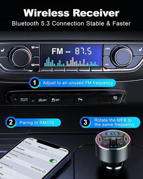 Dual PD 40W Type-C USB Car Charger, Bluetooth 5.3 FM Transmitter for Car with Microphone & HiFi Sound MP3 Music Player