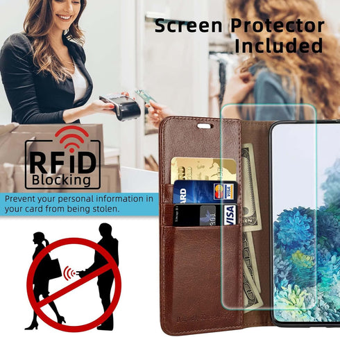 MONASAY Wallet Case for Galaxy S10e, 5.8 inch, Flip Folio Leather Cover with RFID Blocking, Brown, Screen Protector