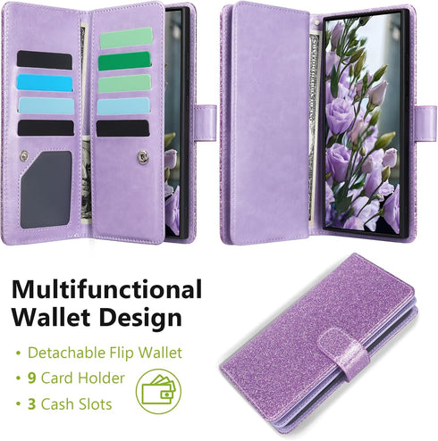 Varikke Wallet Case for Galaxy S22 Ultra - Detachable Card Holder with Glitter Leather Strap, Magnetic Flip Cover.
