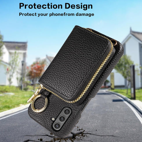 Furiet Wallet Case for Samsung Galaxy A14/M14 5G, Shoulder Strap Ring Buckle, Luxury PU Leather Zipper Flip Organ Purse