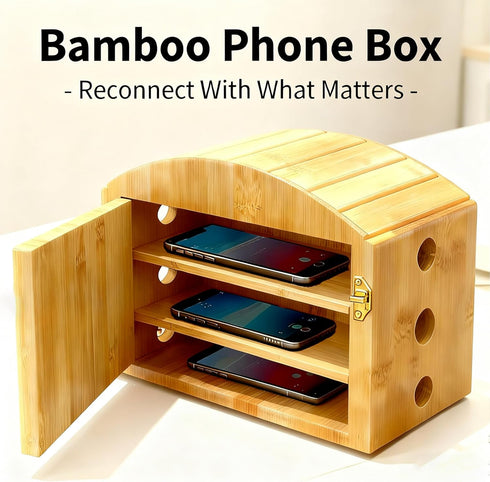 MuyuRise 6 6 Phone Box for Family Time with Combination Lock, Premium Bamboo Wood Cell Phone Jail with Charging Holes