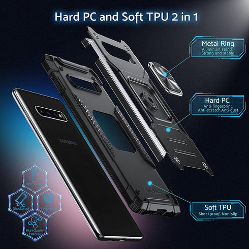 Anqrp Galaxy S10 Plus Case, Military Grade Protective Cover with Enhanced Metal Ring Kickstand, Black