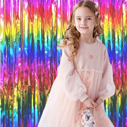 2 Packs Rainbow Party Decorations, Rainbow Foil Fringe Curtain, Neon Backdrop, Metallic Tinsel Photo Booth Props