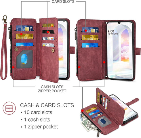 Asuwish Phone Case for LG Velvet 5G, Wallet Cover with Tempered Glass Screen Protector, Leather Flip Card Holder, Red