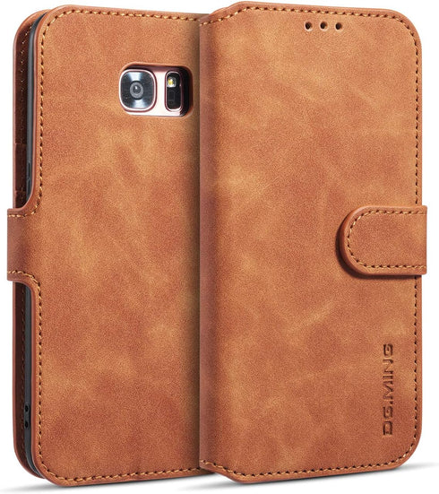 UEEBAI PU Leather Case for Samsung Galaxy S7 Edge, Vintage Retro Wallet Flip Cover, Brown