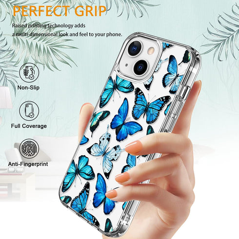 LUHOURI Case for iPhone 13 Mini - Crystal Acrylic Clear with Screen Protector, Slim Fit Floral Blue Butterflies