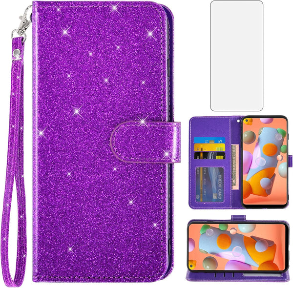 Asuwish Phone Case for Samsung Galaxy A11/M11 | Tempered Glass Screen Protector, Glitter Wallet Cover, Card Holder