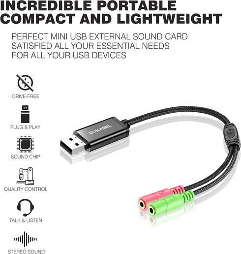 DuKabel USB Audio Adapter, USB to 3.5mm Jack TRS AUX Adapter for Headset with Separate Plug TRS Microphones [Metal
