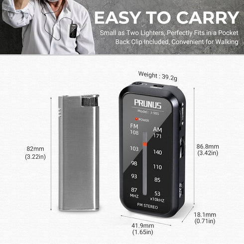 Pocket Radio Mini AM FM Stereo, Portable Battery Operated Radio with Headphones and Back Clip