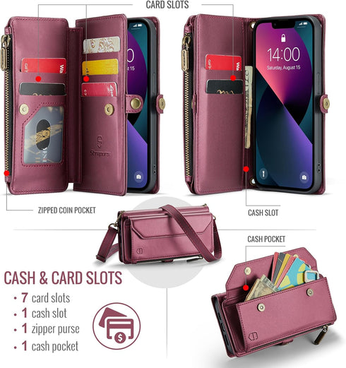 Strapurs 13 7-Card 13 6.1" Wallet Case Compatible with iPhone RFID Blocking Holder Soft PU Leather Magnetic Snap