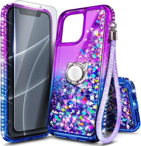 NGB Designed iPhone 12 Mini Case, Purple/Blue Glitter Liquid Sparkle Cover with Tempered Glass Protector