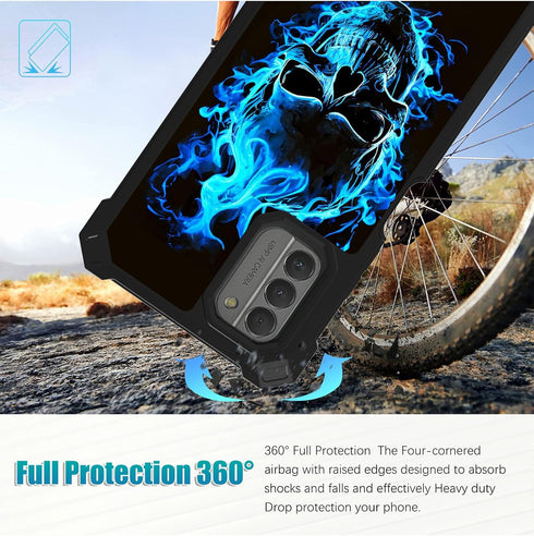 Nokia G310 Case with Glass Screen Protector, 360 Full-Body Shockproof Hard PC & Soft TPU Bumper - Blue Skull 5G 2023.