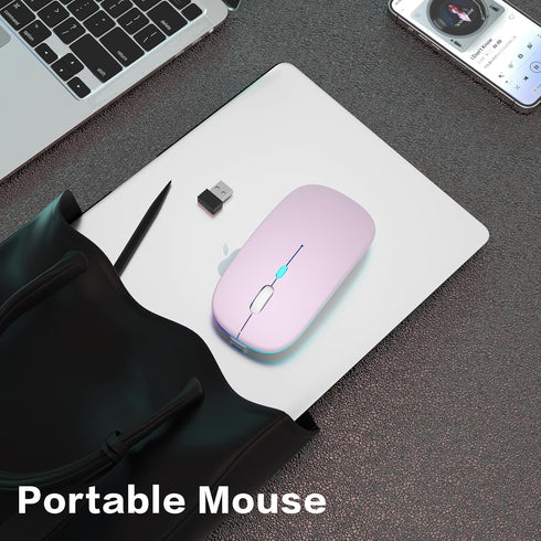 Wireless Bluetooth Mouse, LED Rechargeable Laptop Mouse, Portable Dual Mode Connection (BT5.2 and USB 2.4G), Slim (Pink)