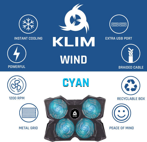 KLIM Wind Laptop Cooling Pad - New Version 2024 - The Most Powerful Rapid Action Cooling Fan with 4 Cooling Fans at