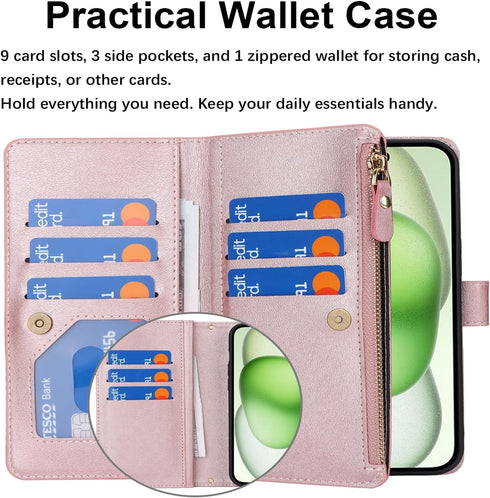 Jaorty iPhone 15 Plus Wallet Case for Women with Card Holder, Crossbody Case with Strap, Zipper Pocket, Rosegold