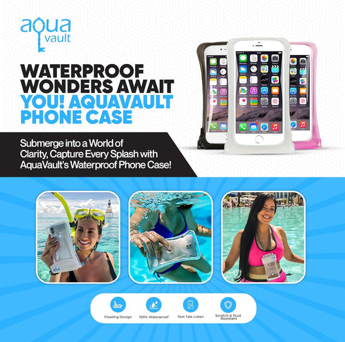 AquaVault 100% Waterproof Floating Smartphone Case & Money Pouch, Fits All Phones, Adjustable Neck Strap (Black)