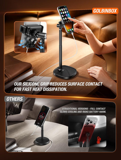 GolbinBox 180 360 Phone Stand for Desk - Quick Release, Adjustable Height & Angle, Flip & Rotation, Universal Desktop