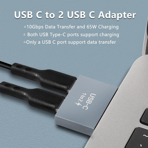 GELRHONR USB C to USB C Adapter, 10Gbps USB C Male to Dual Type-C Female Converter, 65W Double Type-C Port Charger