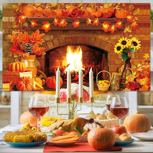 Fall Thanksgiving Decoration, Fireplace Backdrop Autumn Harvest Pumpkin Background for Thanksgiving Day Party Supplies