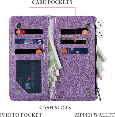 UEEBAI Wallet Case for Samsung Galaxy S10 Plus, PU Leather Magnetic Closure Handbag with Card Slots (Glitter Purple)