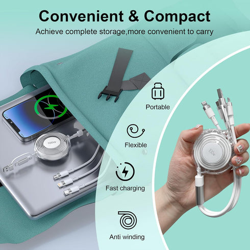 Upgraded 100W Retractable Multi 5-in-1 USB A/Type C to Lightning+USB C+Micro Charging Cable for iPhone 15 14 13