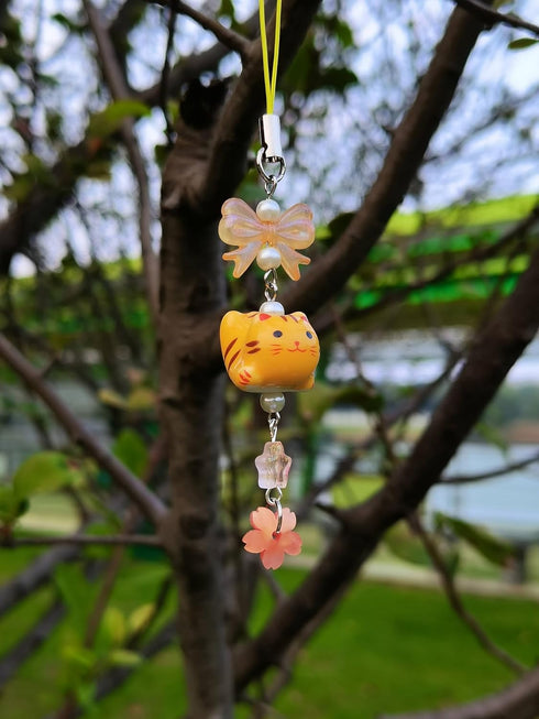Cute Lazy Cat Phone Charm with Bow, Flower, Fish, Butterfly Beaded Aesthetic Keychain Accessories