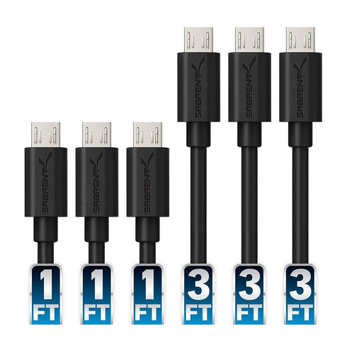 SABRENT 6-Pack Micro USB Cables (3x 3ft, 3x 1ft) High Speed USB 2.0 A Male to Micro B - Black (CB-U631)