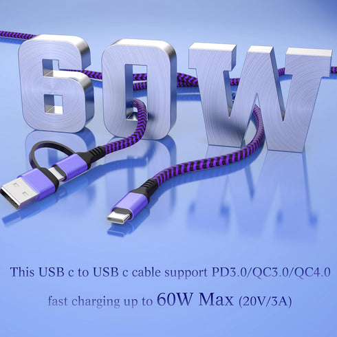 USB C Cable 6FT, 2Pack 60W 2in1 Charging Cable, Fast Charging Nylon Braided USB A/C to USB-C for iPhone 15 Pro Max, iPad