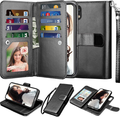 NJJEX Wallet Case for iPhone XR - PU Leather with 9 Card Slots, Detachable Kickstand, Magnetic Cover (Black)