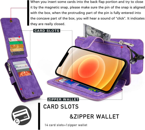 MODOS LOGICOS Detachable Wallet Folio Compatible with iPhone 12 Mini, Purple PU Leather Purse with Zipper