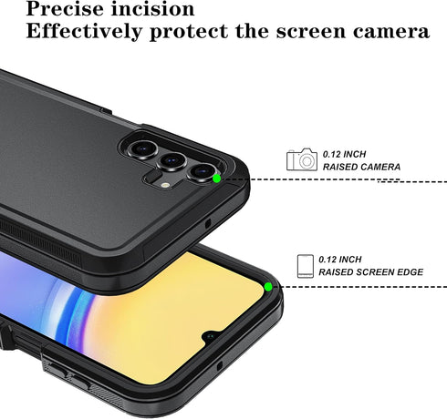 Qinmay Samsung Galaxy A15 5G Case - with HD Screen Protector, Durable Shockproof 3-Layer Cover - Black