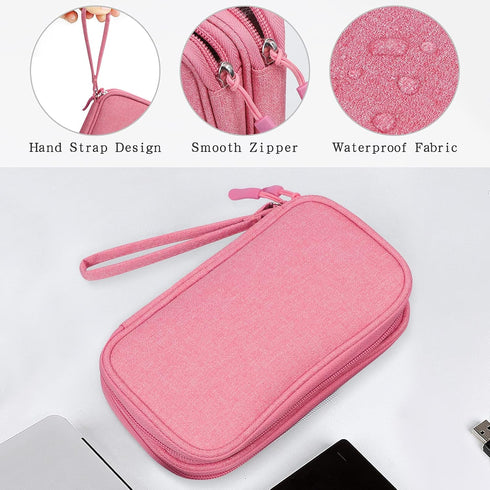 Skycase Electronic Organizer Travel Case - Pink Waterproof Double Layers Storage Bag for Accessories