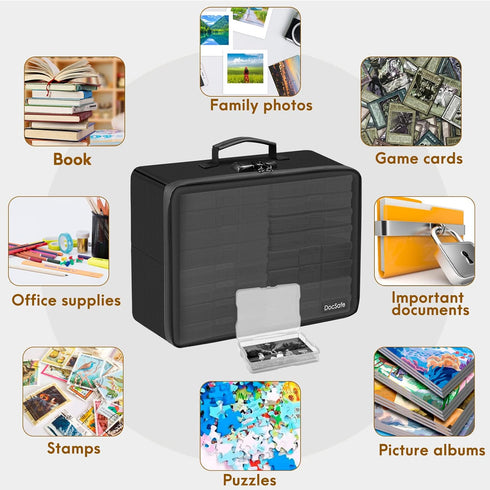 Photo Storage Box with Lock - DocSafe Fireproof Organizer with 16 Inner Photo Cases, Collapsible Portable Filing Safe