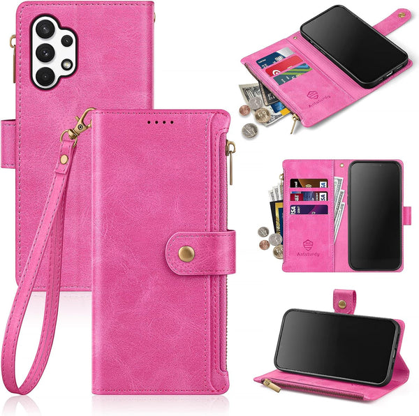 Antsturdy Wallet Case for Samsung Galaxy A32 5G - PU Leather Phone Case with Card Holder, Hot Pink