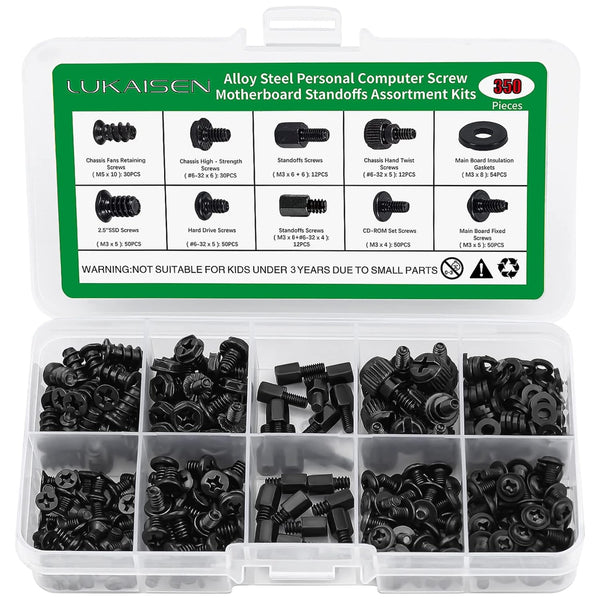 350PCS Computer Screws Assortment Kit, Black Carbon Steel Screws for SSD Hard Drive, Motherboard, ATX Case