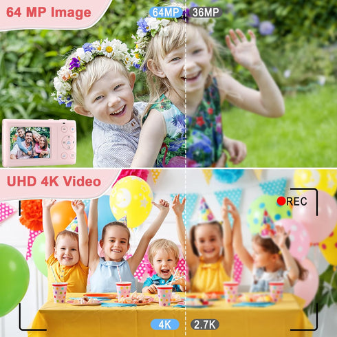 Pink Kids 4K Digital Camera: Compact Photography and Video Camera with 64MP Autofocus and 32GB TF Card