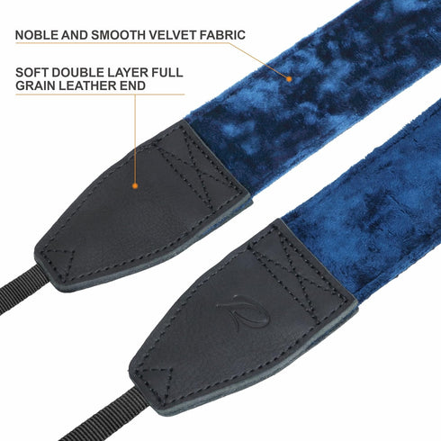 Padwa Lifestyle Velvet Camera Strap, 2" Wide Full Grain Cowhide Head, Soft Velvet Straps for Photographers, Dark Navy