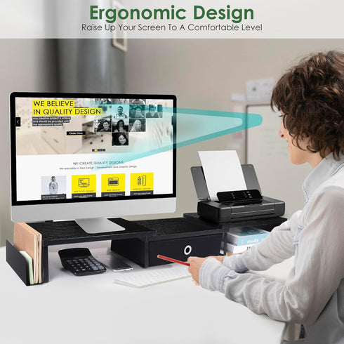 Dual Monitor Stand Riser with Drawer & Metal Leg, Large Computer Monitor Riser for 2 Monitors, Desktop Organizer