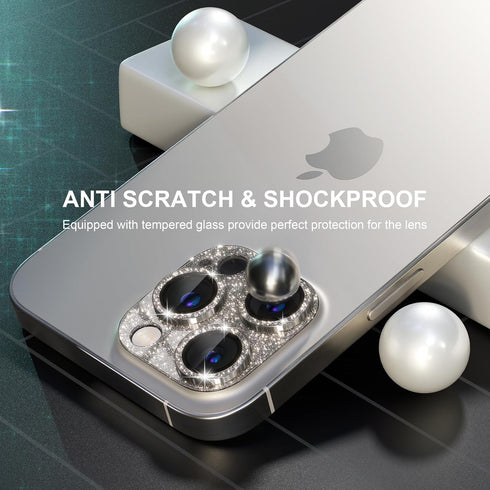 Choiche Bling Camera Lens Protector for iPhone 15 Pro/Pro Max, 9H Tempered Glass, Glitter-Titanium Gold, Metal Ring.