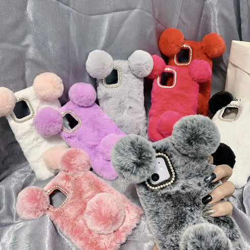 LUVI Plush Furry Case for iPhone 12, Cute Cartoon Bear Ear with Bling Glitter, 3D Diamond Bowknot, Gray