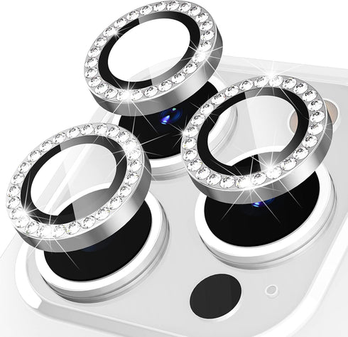 Suoman 3-Pack iPhone 12 Pro Max Camera Lens Protector, 9H Tempered Glass, Metal Frosted Cover, Diamonds-Silver