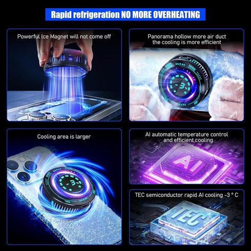 Generic 15W 60-115mm Phone Cooler for Gaming & Streaming - LED Display Radiator Cooling Fan with Magnetic Attachment