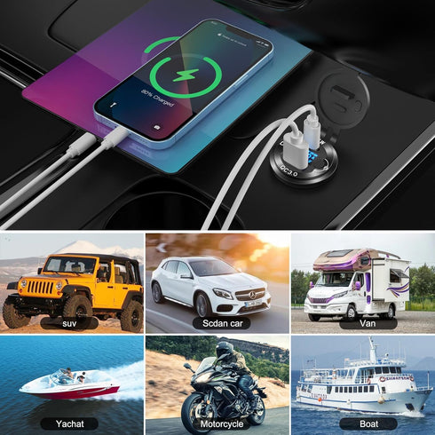 12V USB Outlet Aluminum Car Charger PD65W for Laptops, Quick Charge 3.0 USB Port with Voltmeter for RV Marine Boat