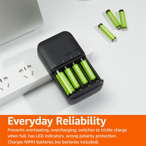 Amazon Basics 4-Bay, Smart Battery Charger for Rechargeable AA and AAA NiMh Batteries, Fast Charging with LED